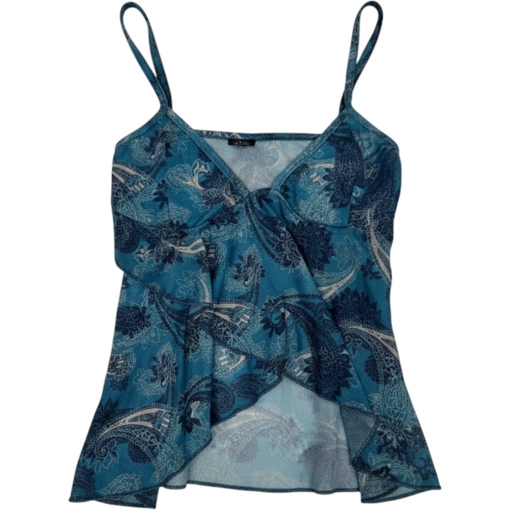 Y2K Blue Paisley Mesh Cami Top Women's Small Sheer Ruffle Fairy Grunge Coquette